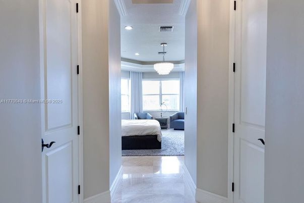 Bedroom, Chandelier, Interior, Marble, Recessed Lighting