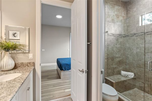 Bathroom, Glass Shower, Interior, Recessed Lighting, Wood Texture Flooring