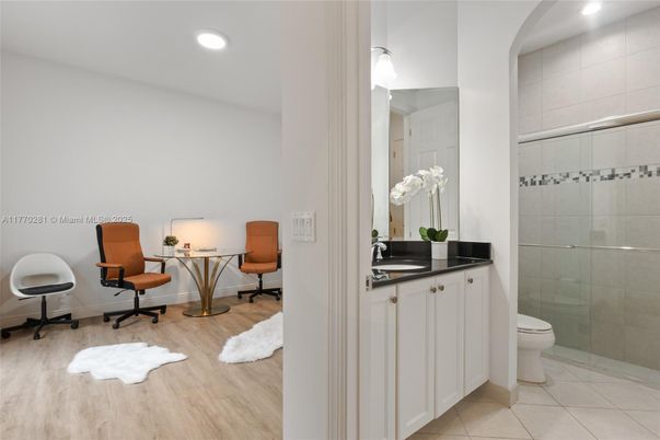 Bathroom, Glass Shower, Home Office, Interior, Recessed Lighting, Wood Texture Flooring