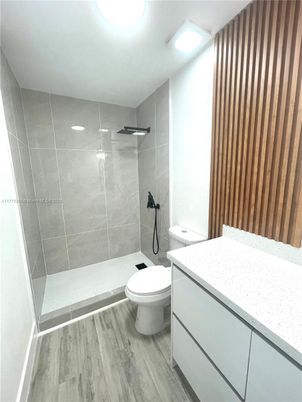 Bathroom, Glass Shower, Interior, Wood Texture Flooring