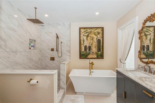 Bathroom, Dual Sink Vanities, Free Standing Baths, Interior, Marble, Marble Walls, Recessed Lighting