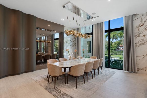 Dining room, Interior, Marble Walls, Pendant Lights, Recessed Lighting
