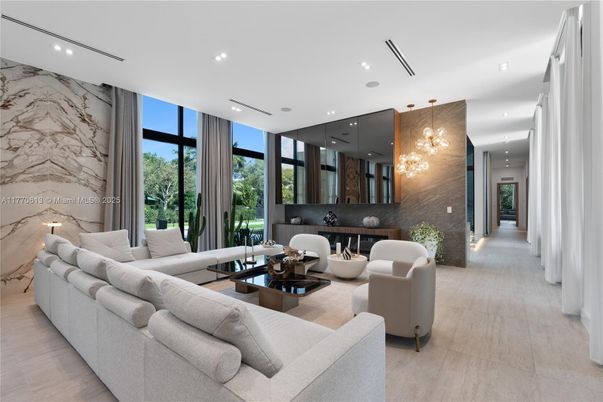 Interior, Living room, Marble Walls, Pendant Lights, Recessed Lighting