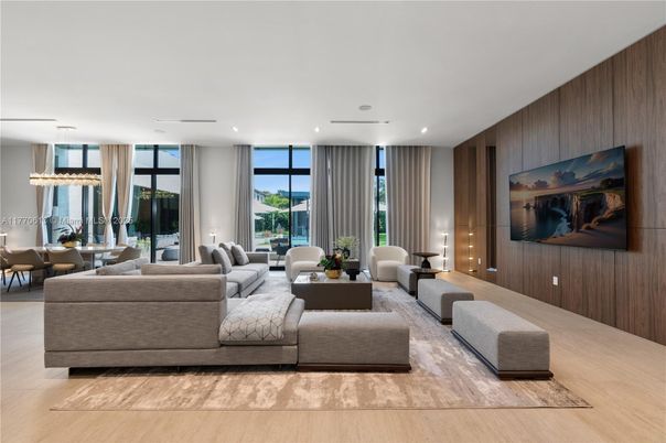 Dining room, Interior, Living room, Pendant Lights, Recessed Lighting, Wood Texture Flooring, Wooden Walls