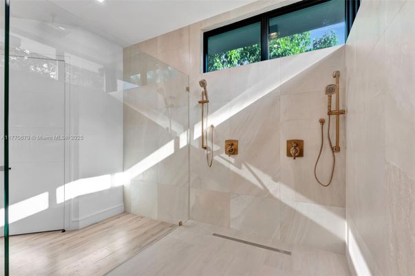 Bathroom, Glass Shower, Interior, Recessed Lighting, Wood Texture Flooring