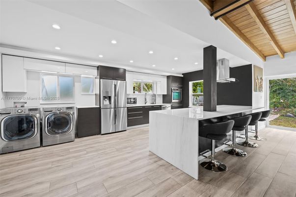 Interior, Kitchen, Recessed Lighting, Stainless Steel Appliances, Washer, Wooden Beams, Wooden Ceilings, Wood Texture Flooring
