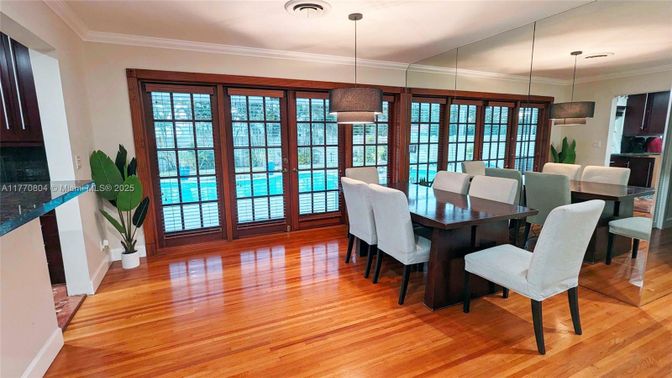 Dining room, Interior, Pendant Lights, Wood Texture Flooring