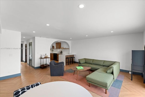 Interior, Kitchen, Living room, Recessed Lighting, Wood Texture Flooring