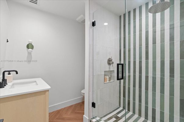 Bathroom, Glass Shower, Interior, Wood Texture Flooring