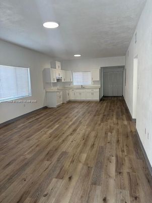 Empty room, Interior, Kitchen, Recessed Lighting, Wood Texture Flooring