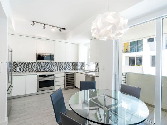 Dining room, Interior, Kitchen, Pendant Lights, Stainless Steel Appliances, Wood Texture Flooring