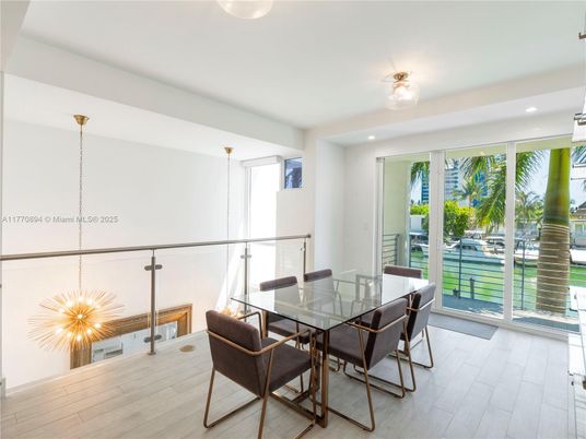 Dining room, Interior, Pendant Lights, Recessed Lighting, Wood Texture Flooring