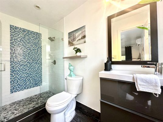 Bathroom, Glass Shower, Interior, Wood Texture Flooring