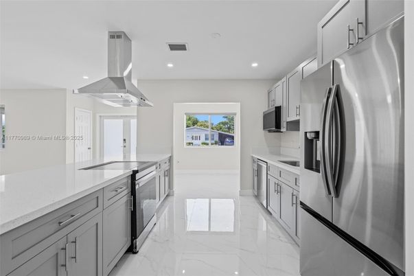 Interior, Kitchen, Marble, Recessed Lighting, Stainless Steel Appliances
