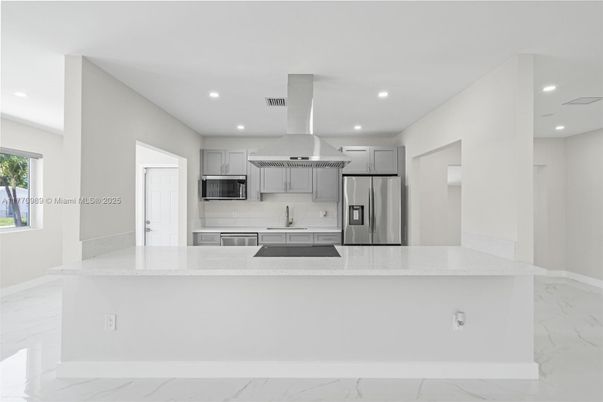 Interior, Kitchen, Marble, Recessed Lighting, Stainless Steel Appliances