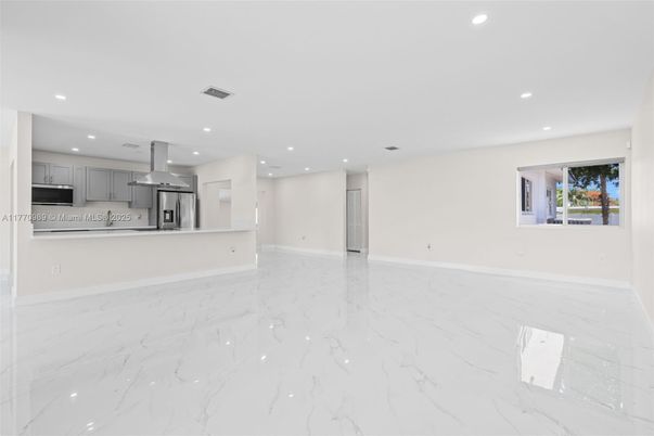 Empty room, Interior, Kitchen, Marble, Recessed Lighting, Stainless Steel Appliances