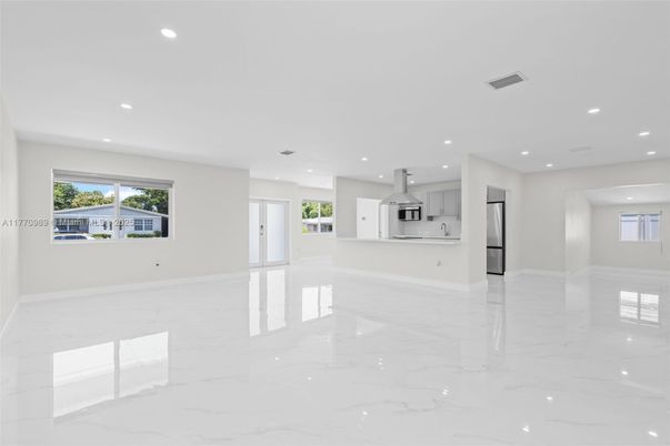 Empty room, Interior, Kitchen, Marble, Recessed Lighting, Stainless Steel Appliances