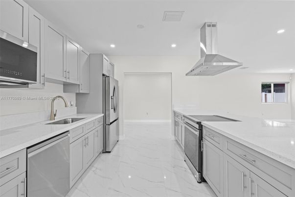 Interior, Kitchen, Marble, Recessed Lighting, Stainless Steel Appliances