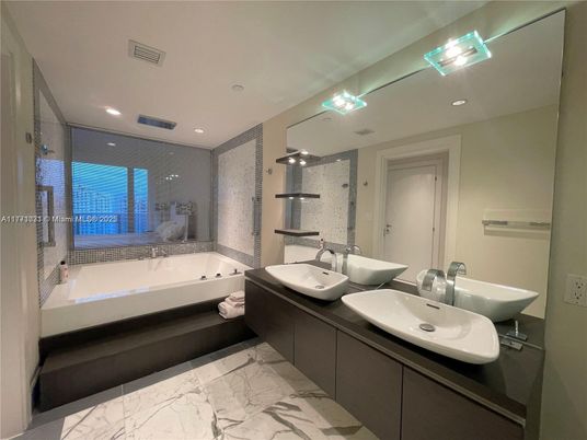 Bathroom, Dual Sink Vanities, Interior, Marble, Recessed Lighting