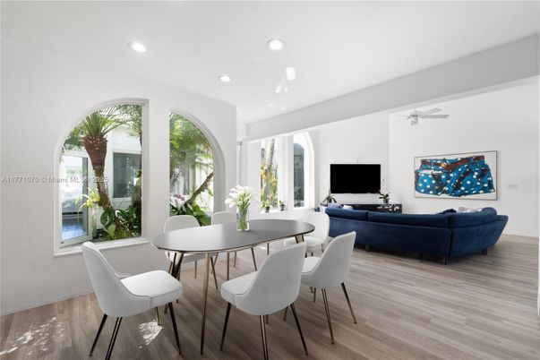 Dining room, Interior, Living room, Recessed Lighting, Wood Texture Flooring