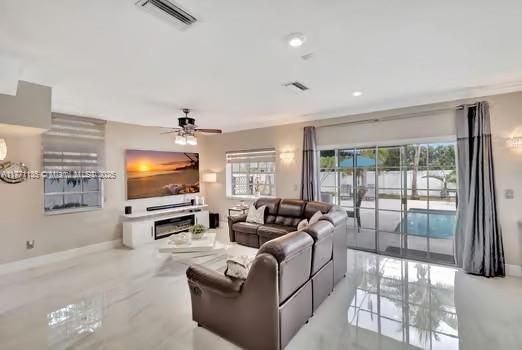 Fireplace, Interior, Living room, Marble, Recessed Lighting