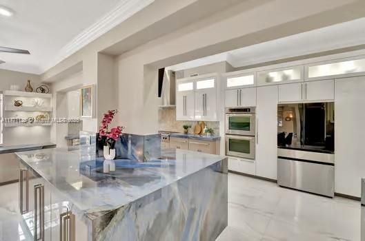 Interior, Kitchen, Marble, Recessed Lighting, Stainless Steel Appliances