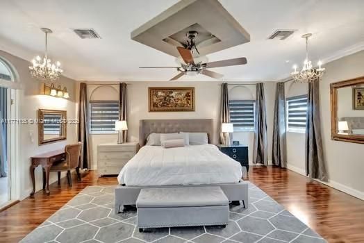 Bedroom, Chandelier, Interior, Wood Texture Flooring