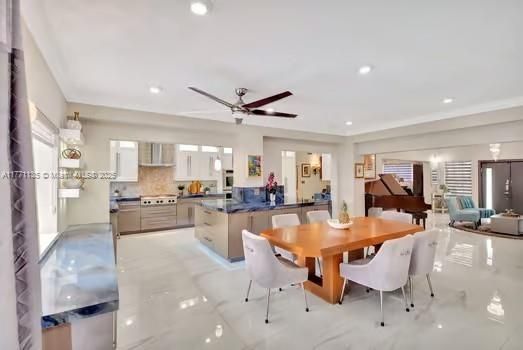 Dining room, Interior, Kitchen, Living room, Piano, Recessed Lighting, Stainless Steel Appliances