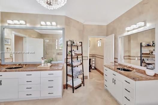 Bathroom, Chandelier, Dual Sink Vanities, Glass Shower, Interior