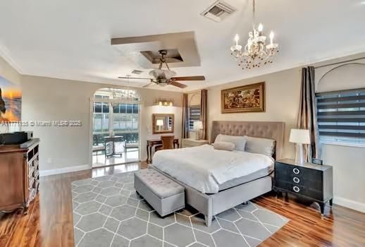 Bedroom, Chandelier, Interior, Wood Texture Flooring