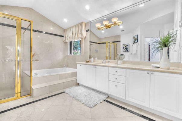 Bathroom, Dual Sink Vanities, Glass Shower, Interior, Marble, Recessed Lighting