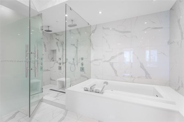 Bathroom, Glass Shower, Interior, Marble, Marble Walls, Recessed Lighting