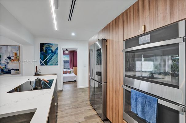 Interior, Kitchen, Living room, Recessed Lighting, Stainless Steel Appliances, Wood Texture Flooring
