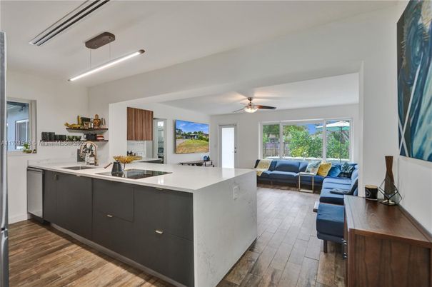 Interior, Kitchen, Living room, Pendant Lights, Wood Texture Flooring