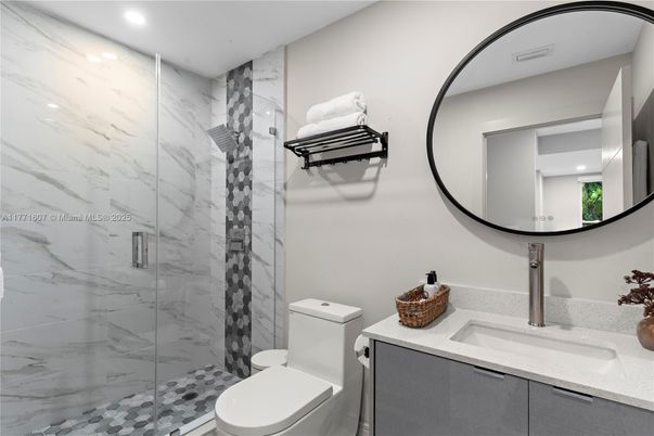 Bathroom, Glass Shower, Interior, Marble Walls, Recessed Lighting