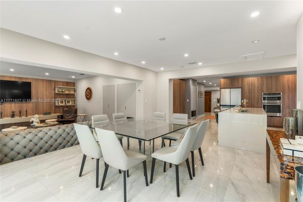 Dining room, Interior, Kitchen, Living room, Marble, Recessed Lighting, Stainless Steel Appliances
