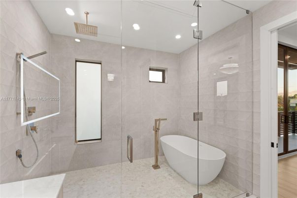 Bathroom, Free Standing Baths, Glass Shower, Interior, Recessed Lighting