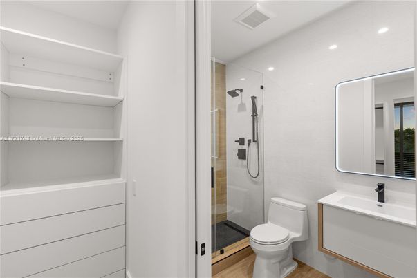 Bathroom, Glass Shower, Interior, Recessed Lighting, Wood Texture Flooring