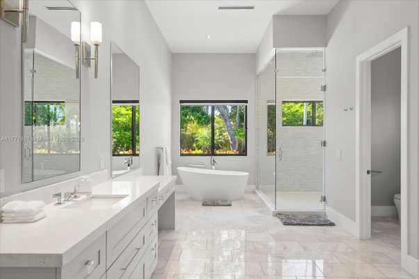 Bathroom, Dual Sink Vanities, Free Standing Baths, Glass Shower, Interior, Marble, Recessed Lighting