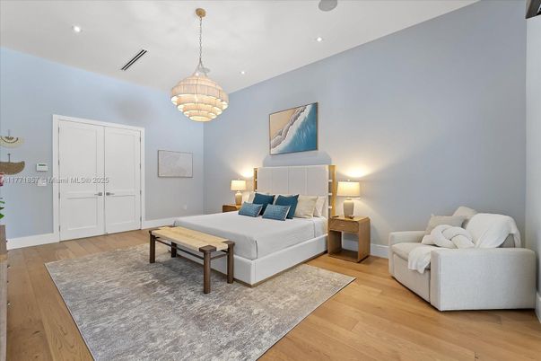 Bedroom, Chandelier, Interior, Recessed Lighting, Wood Texture Flooring