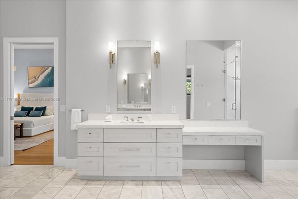 Bathroom, Dual Sink Vanities, Interior, Marble, Wood Texture Flooring