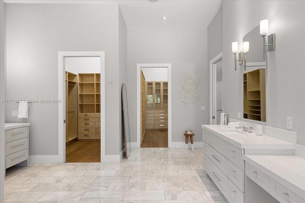 Bathroom, Dual Sink Vanities, Interior, Marble, Recessed Lighting, Walk-in Closets, Wood Texture Flooring