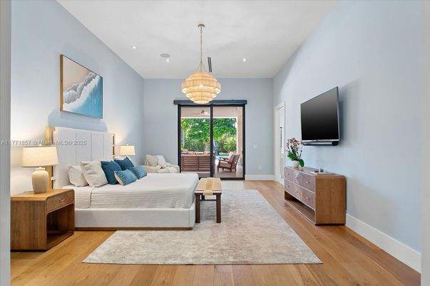 Bedroom, Interior, Pendant Lights, Recessed Lighting, Wood Texture Flooring