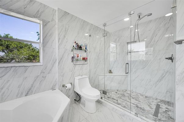 Bathroom, Glass Shower, Interior, Marble, Marble Walls, Recessed Lighting
