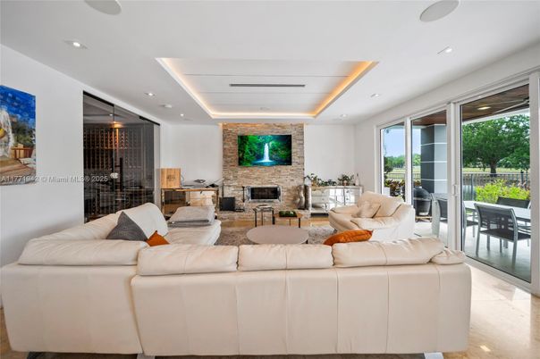 Fireplace, Interior, Living room, Recessed Lighting, Stone Walls