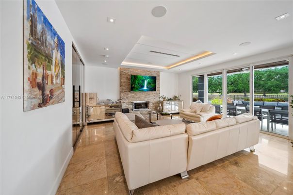 Fireplace, Interior, Living room, Recessed Lighting, Stone Walls