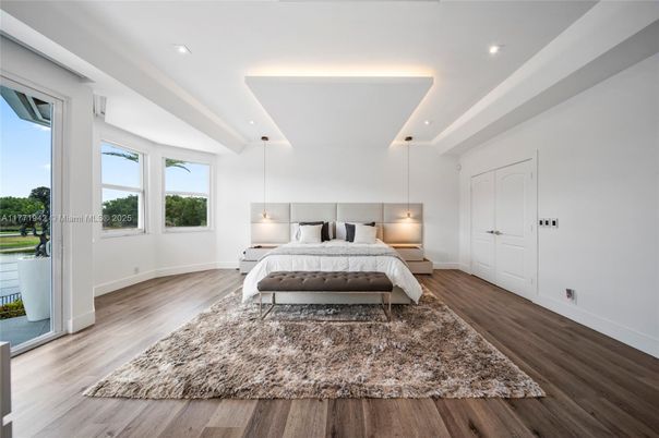 Bedroom, Interior, Pendant Lights, Recessed Lighting, Wood Texture Flooring