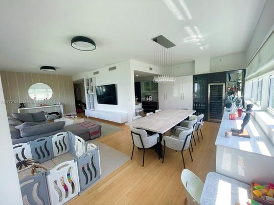 Dining room, Interior, Living room, Pendant Lights, Wood Texture Flooring