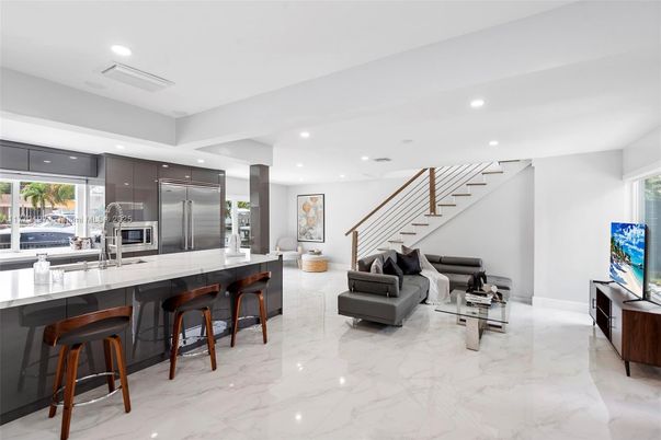 Interior, Kitchen, Living room, Marble, Recessed Lighting, Stainless Steel Appliances