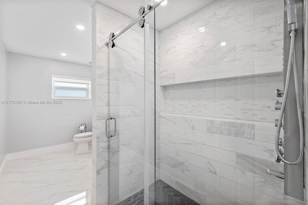 Bathroom, Glass Shower, Interior, Marble, Marble Walls, Recessed Lighting